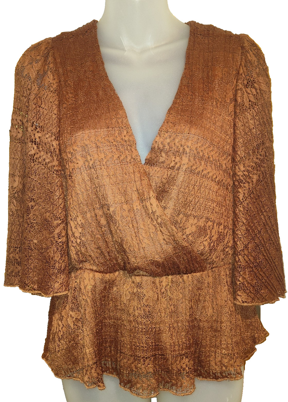 Willow + Root Women’s Brown Lace Crochet Peplum Style Top Size S BG26